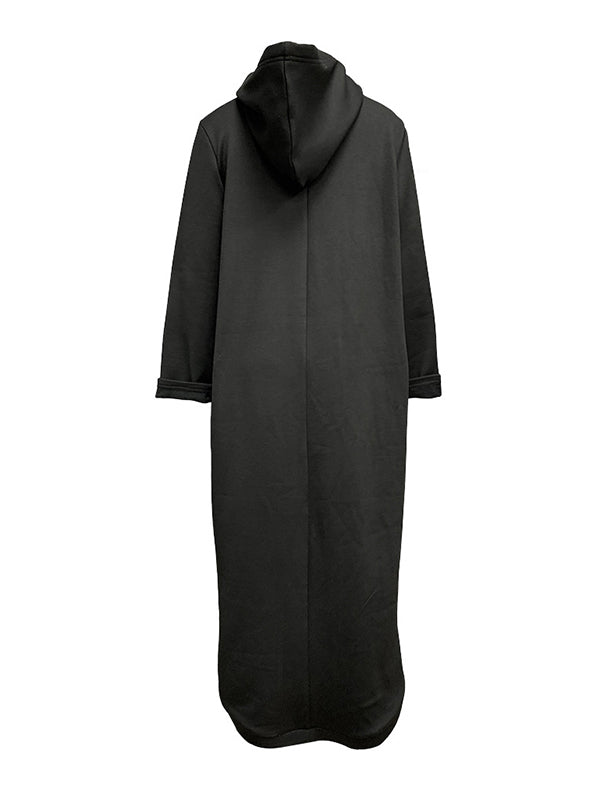 Drawstring Solid Color Split-Joint High-low Long Sleeves Hooded Midi Dresses