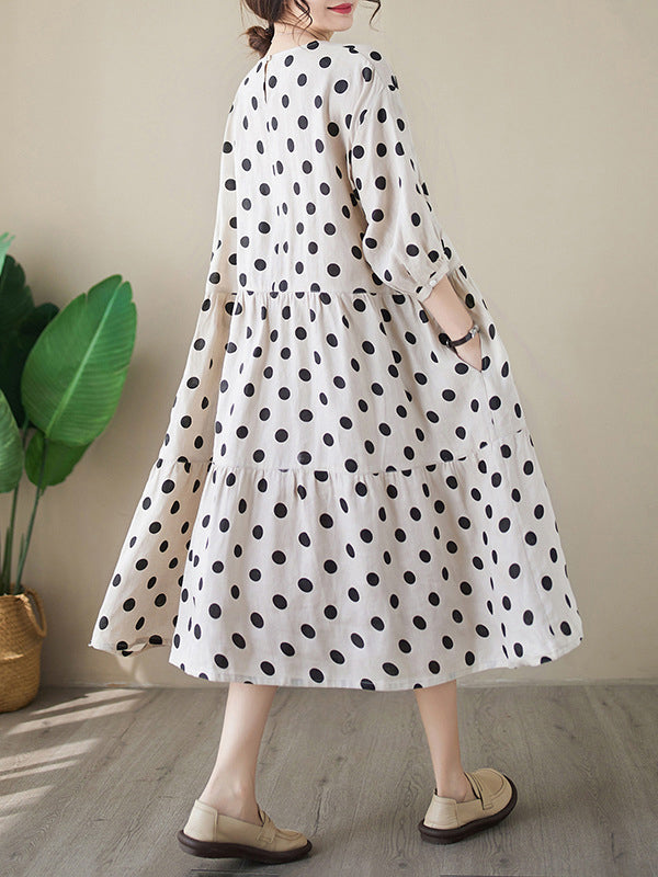 Polka Dot Split-Joint Half Sleeves Loose Midi Dresses