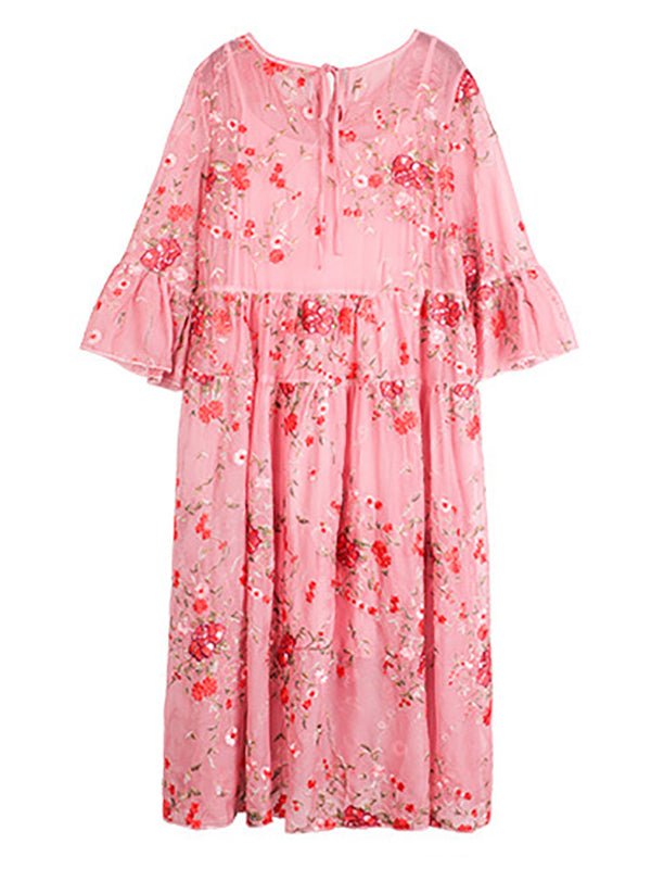 Original Artistic Retro Loose Lace Embroidered Pleated Midi Dress