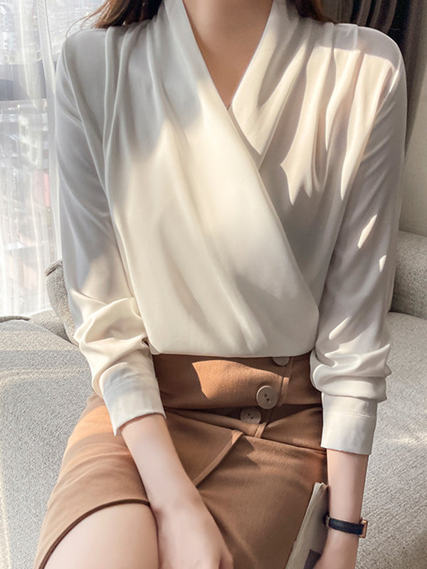 Buttoned Solid Color Long Sleeves Loose V-Neck Blouses&Shirts Tops