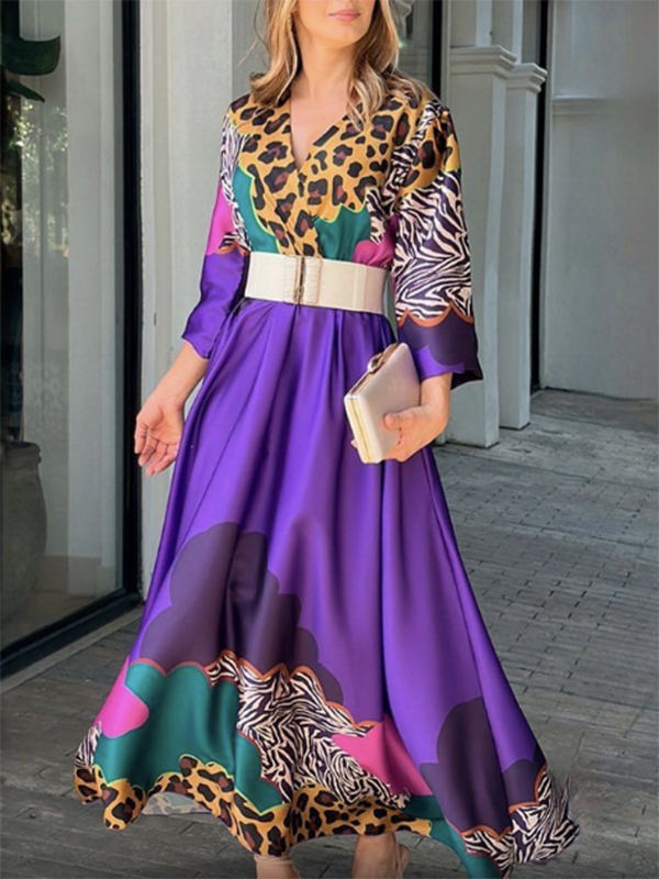 Leopard Long Sleeves Loose V-neck Maxi Dresses