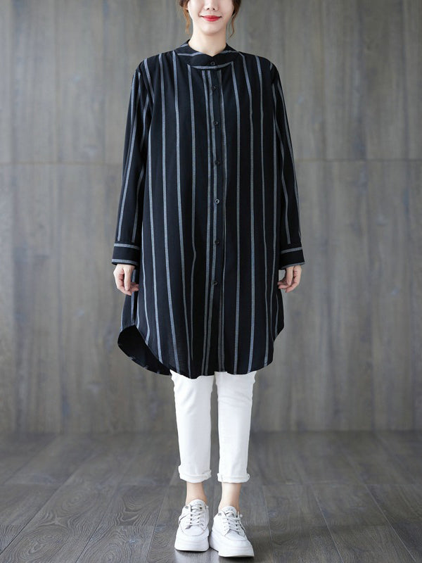 Buttoned Striped Long Sleeves Loose Blouses&Shirts Tops