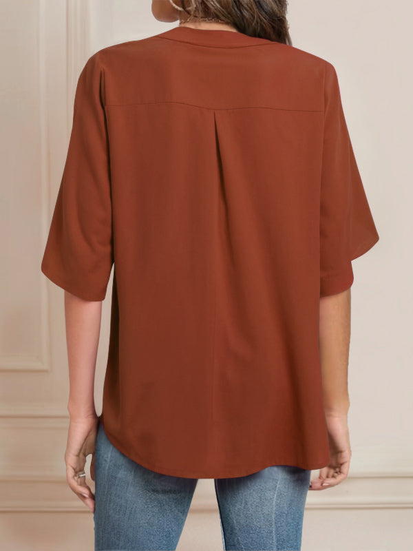Pleated Solid Color Flared Sleeves Loose Lapel Blouses&shirts Tops
