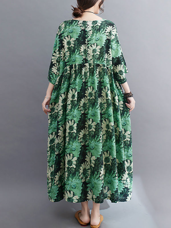 Floral Printed Pleated Split-Joint Loose Raglan Sleeve Round-Neck Midi Dresses