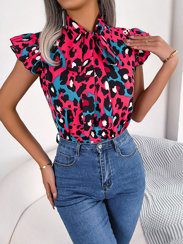 Leopard Cap Sleeve Loose Statement Collar Vest Top