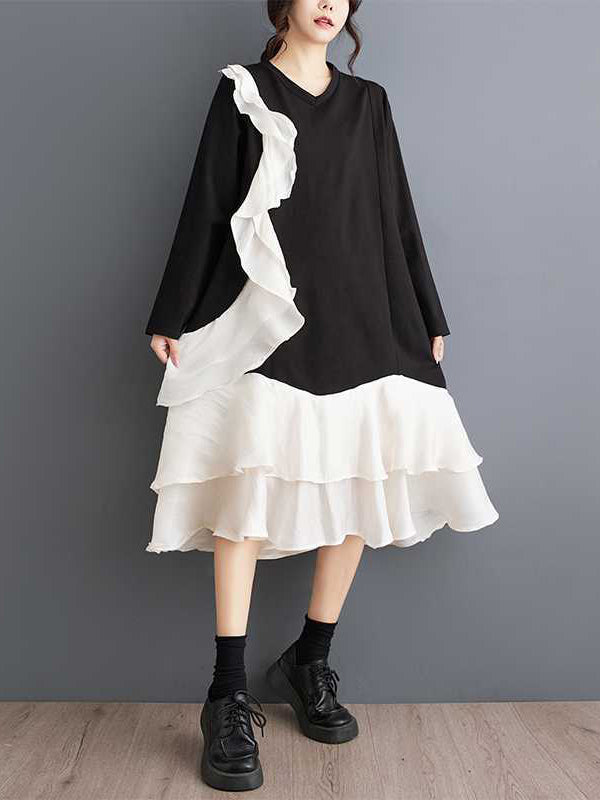 Contrast Color Pockets Ruffle Trim Split-Joint A-Line Long Sleeves V-Neck Midi Dresses