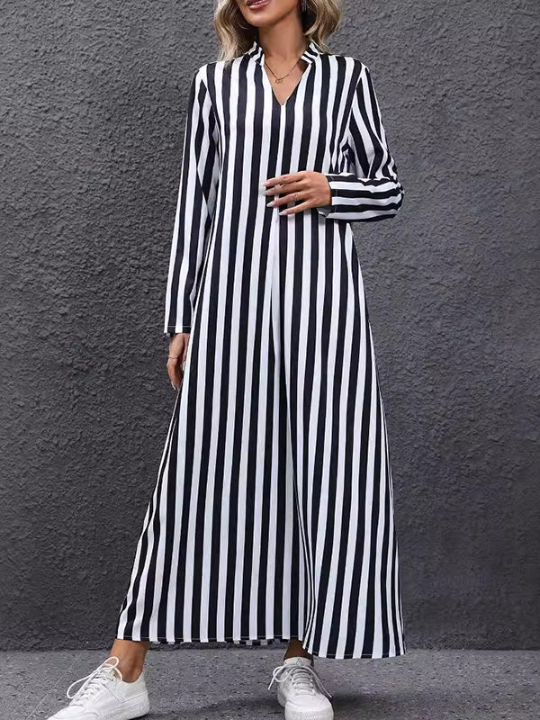 Contrast Color Pleated Striped A-Line Long Sleeves V-Neck Maxi Dresses