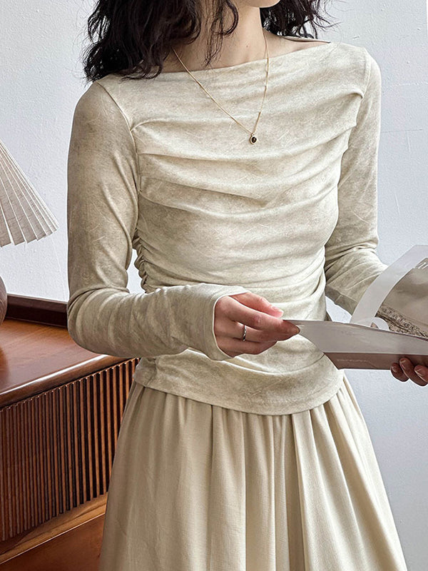 Pleated Split-Joint Long Sleeves Skinny Boat Neck T-Shirts