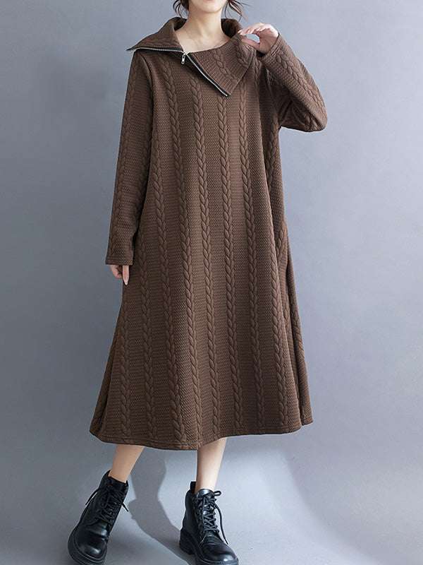 Asymmetric Solid Color Zipper A-Line Long Sleeves Asymmetric Collar Midi Dresses