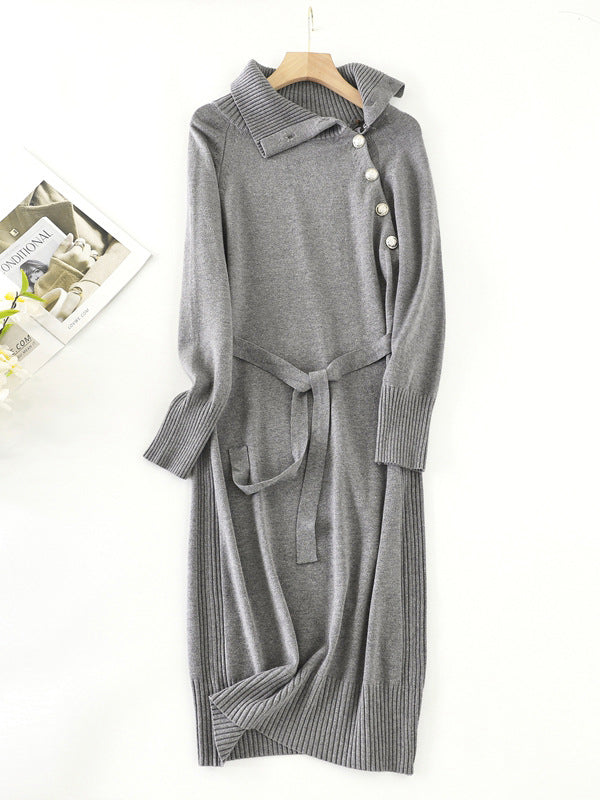 Urban Loose Long Sleeves Buttoned Bandage High-Neck Sweater Dresses