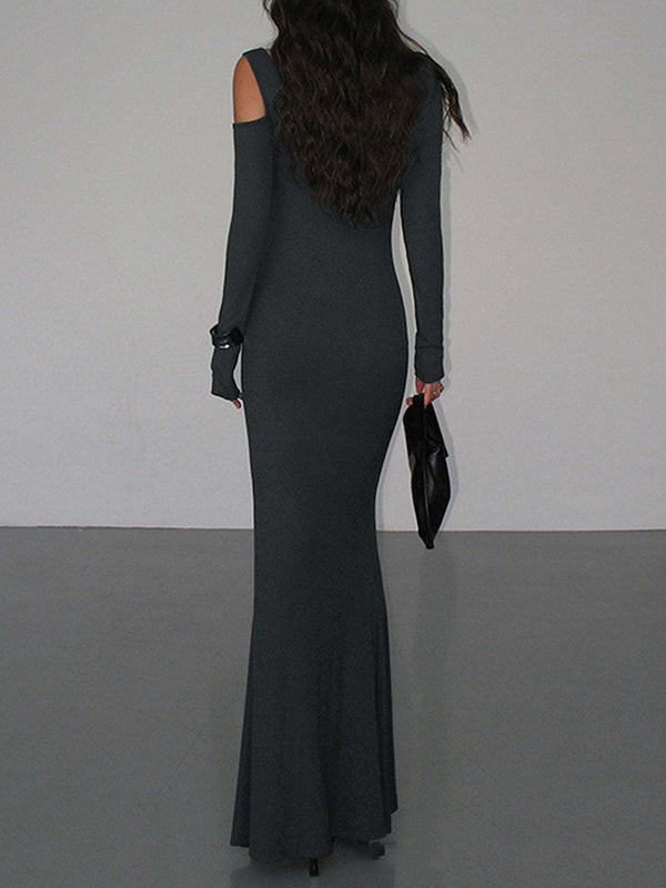 Hollow Solid Color Long Sleeves Skinny Cold Shoulder Maxi Dresses