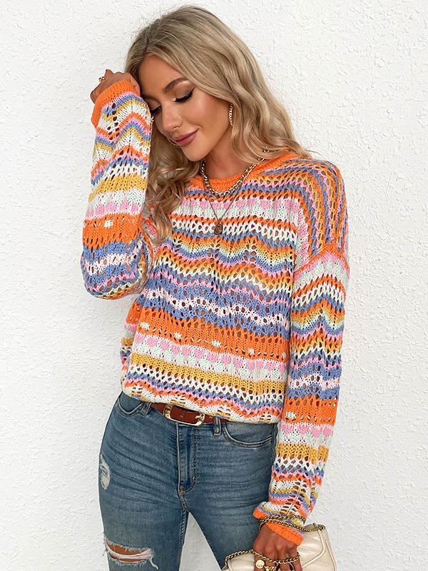 4 Colors Loose Contrast Color Round-Neck Sweater Top