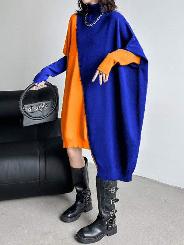 Asymmetric Contrast Color Split-Joint Batwing Sleeves Long Sleeves High Neck Sweater Dresses Midi Dresses