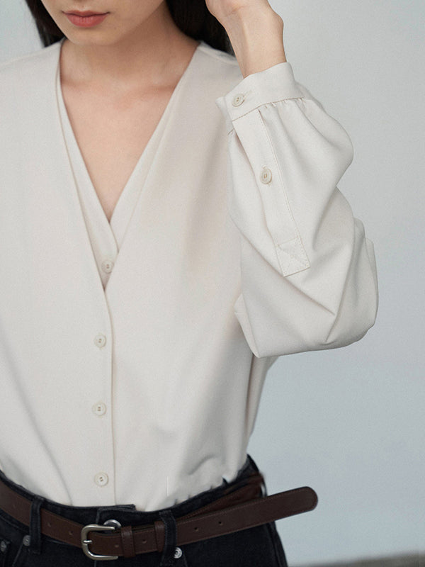 Buttoned Solid Color False Two Long Sleeves V-Neck Blouses&Shirts Tops