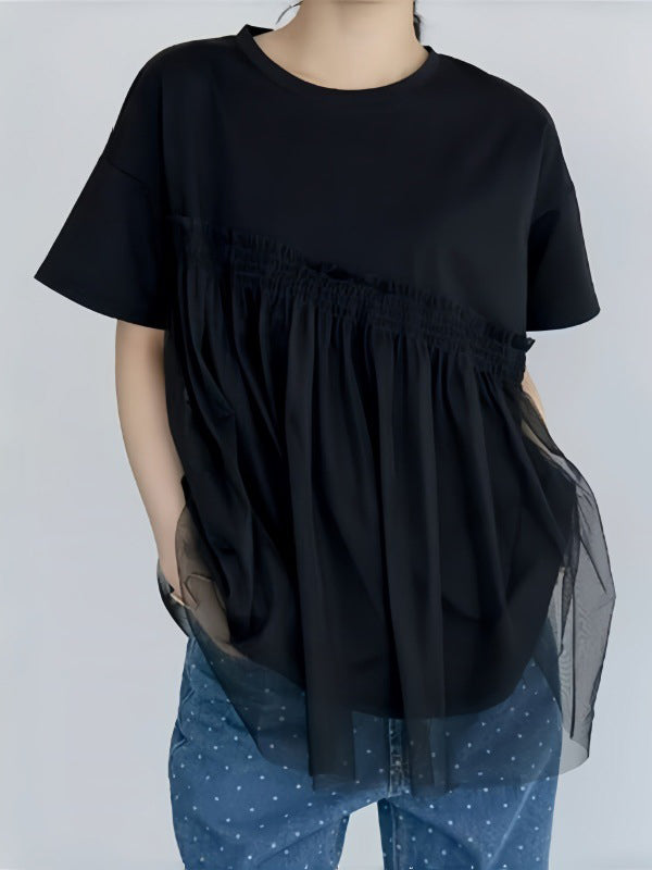 Asymmetric Mesh Split-Joint Loose Short Sleeves Round-Neck T-Shirts Tops
