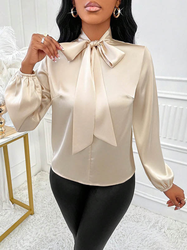 Bow-Embellished Pleated Solid Color Split-Joint Long Sleeves Loose Scarf Collar Blouses&Shirts Tops