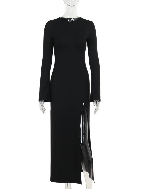 Asymmetric Solid Color Split-Joint Split-Side Long Sleeves Loose Round-Neck Maxi Dresses