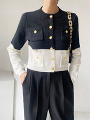 Buttoned Contrast Color Long Sleeves Round-Neck Cardigan Tops