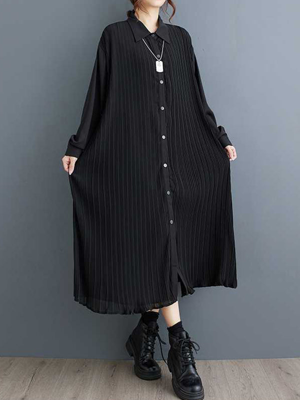 Buttoned Pleated Pockets Split-Joint A-Line Long Sleeves Lapel Shirt Dress Midi Dresses