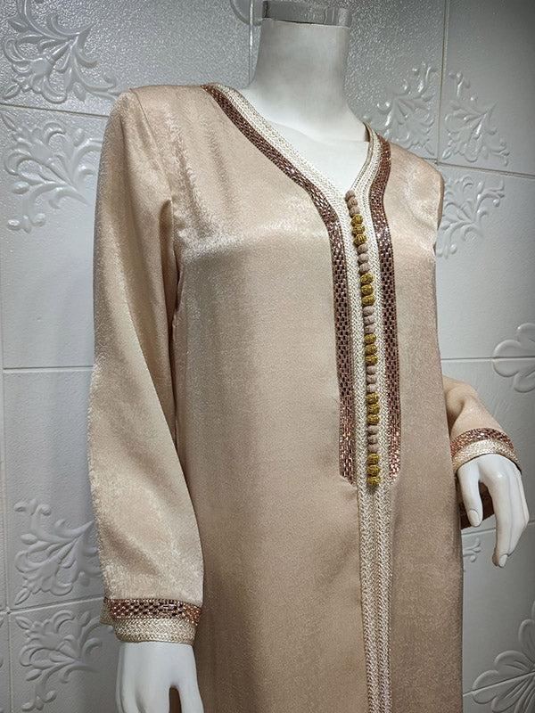 Muslim Rhine Stones Long Sleeves Loose V-Neck Robes Maxi Dresses