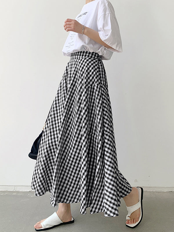Elasticity Plaid Split-Joint A-Line High Waisted Skirts