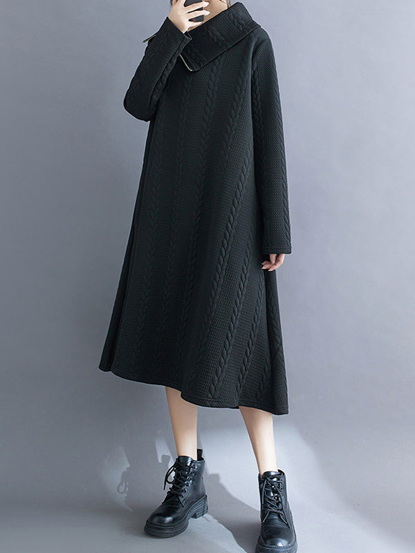 Asymmetric Solid Color Zipper A-Line Long Sleeves Asymmetric Collar Midi Dresses