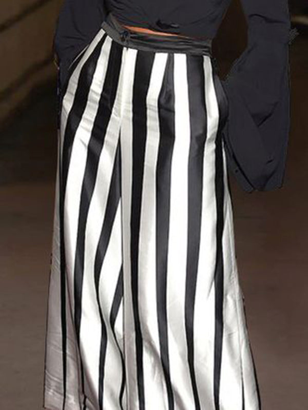 Buttoned Contrast Color Pockets Striped Loose Wide Leg Trousers Pants