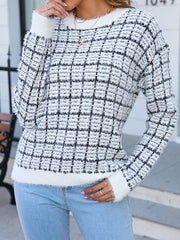 Plaid Split-Joint Long Sleeves Loose Round-Neck Sweater Tops Pullovers