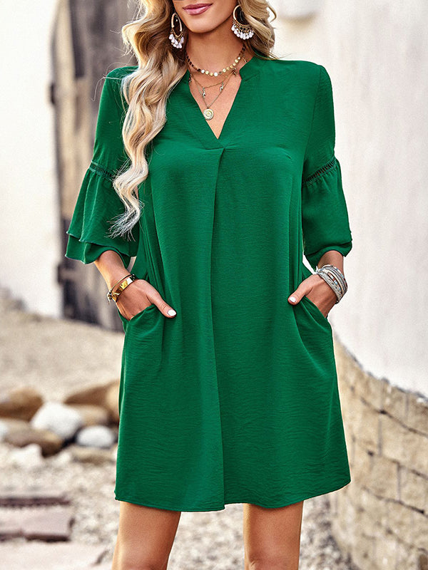 Hollow Solid Color Split-Joint Flared Sleeves Loose V-Neck Mini Dresses