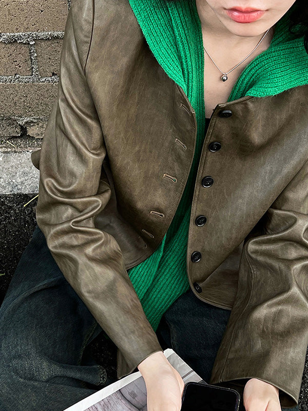 Buttoned Pockets Long Sleeves Loose Round-neck Jackets