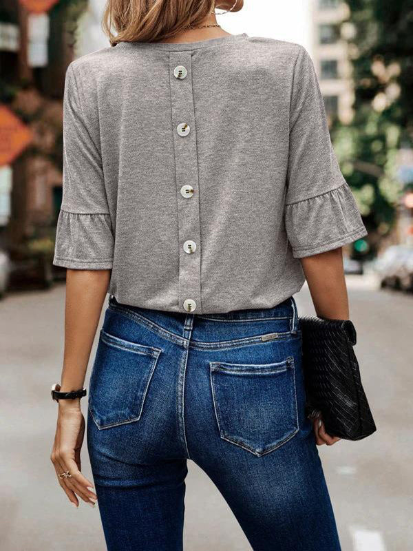 Asymmetric Buttoned Solid Color Split-Joint Ruffle Sleeves Round-Neck T-Shirts Tops
