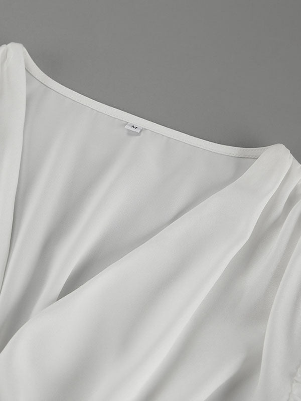Elasticity Pleated Solid Color Split-Joint Loose Puff Sleeves V-Neck Blouses&Shirts Tops