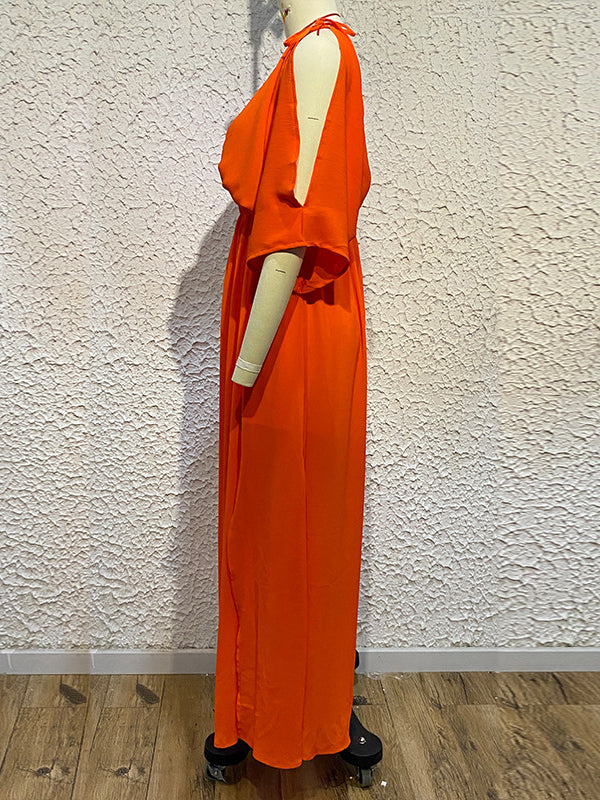 Solid Color Split-front Batwing Sleeves Loose Deep V-Neck Maxi Dresses