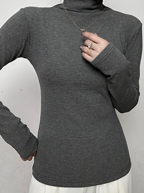 Solid Color Long Sleeves Skinny High Neck T-Shirts Tops
