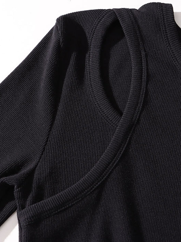 Elasticity Hollow Solid Color Split-Joint A-Line Long Sleeves Round-Neck Midi Dresses