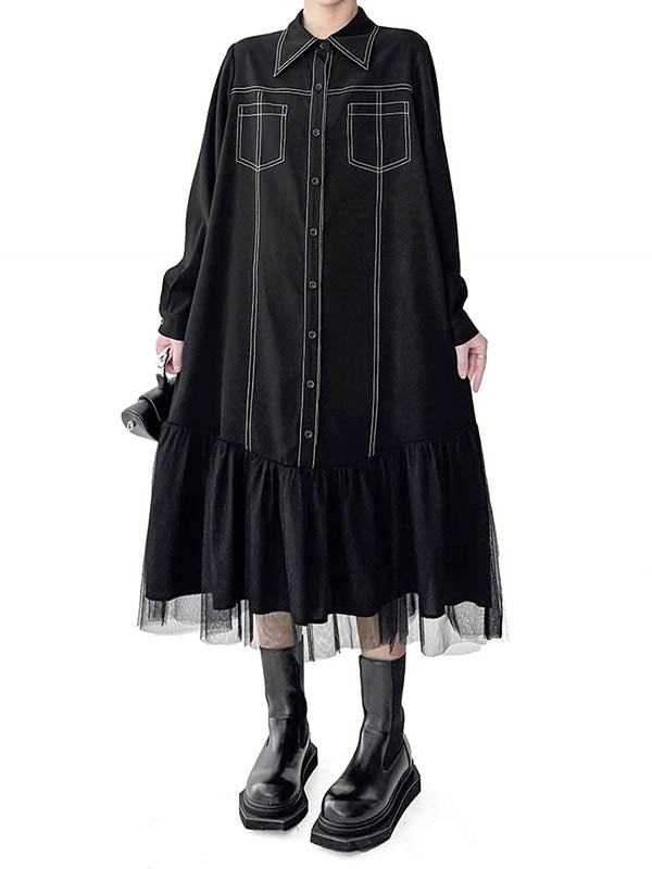Asymmetric Buttoned Line Solid Color Split-Joint Irregularity Long Sleeves Lapel Shirt Dress Midi Dresses