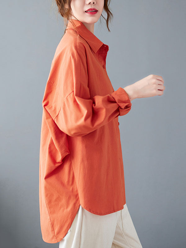 Solid Color High-low Long Sleeves Lapel Blouses&shirts Tops