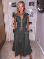 Pockets Solid Color Split-Joint Zipper A-line Elasticated Waist V-neck Midi Dresses