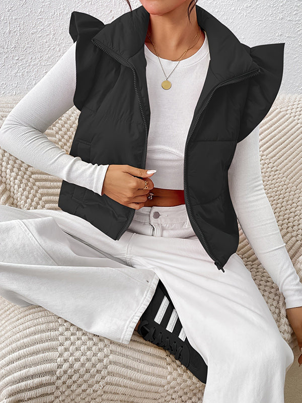 Pleated Solid Color Split-Joint Flared Sleeves High Neck Padded Vest