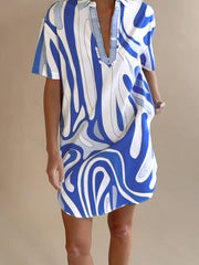 Contrast Color Pockets Loose Short Sleeves V-Neck Mini Dresses