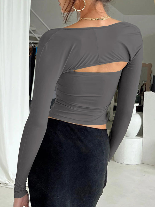 Solid Color Long Sleeves Skinny Collarless T-Shirts Tops
