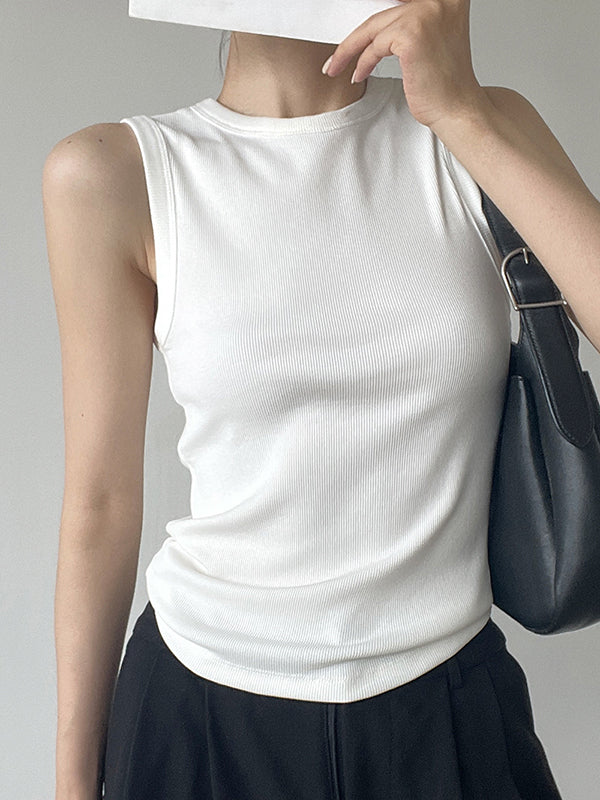 See-Through Solid Color Split-Joint Skinny Sleeveless Round-neck Vest Top