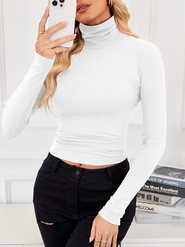 Solid Color Split-Joint Long Sleeves Skinny High Neck T-Shirts