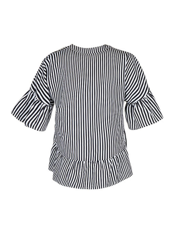 Asymmetric Falbala Pleated Split-Joint Striped Tiered Loose Raglan Sleeve V-Neck Blouses&Shirts Tops
