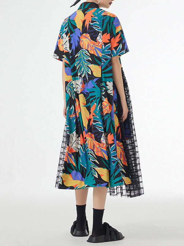 Buttoned Hollow Mesh Printed Split-Joint A-Line Loose Lapel Midi Dresses