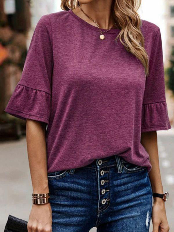 Asymmetric Buttoned Solid Color Split-Joint Ruffle Sleeves Round-Neck T-Shirts Tops