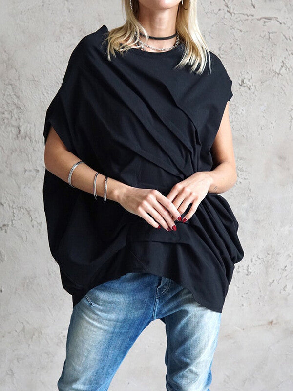 Pleated Solid Color High-low Loose Round-neck T-Shirts Tops