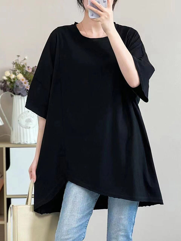 Asymmetric Solid Color Half Sleeves Loose Round-neck T-shirts