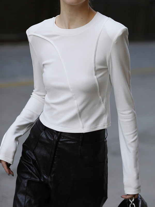 Shoulder Pad Solid Color Long Sleeves Skinny Round-Neck T-Shirts Tops
