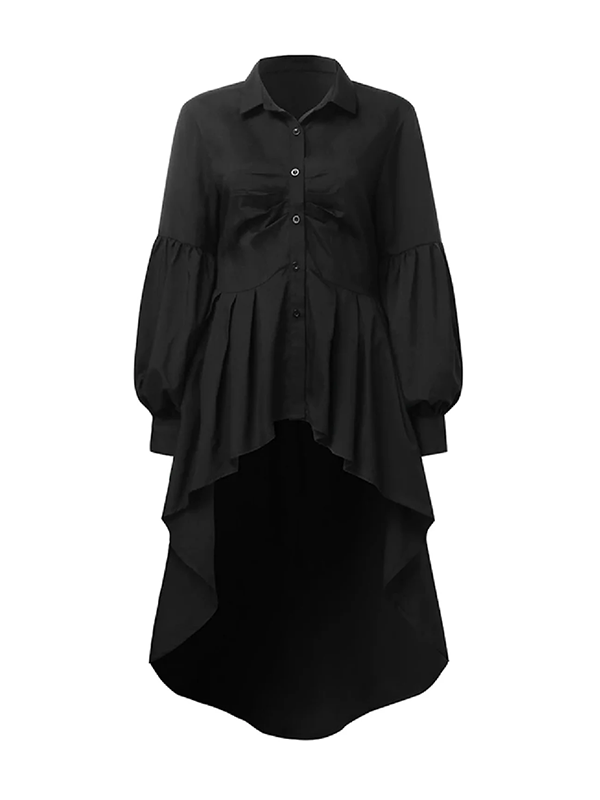 High-Low Long Sleeves Buttoned Falbala Solid Color Lapel Collar Blouses&Shirts Tops